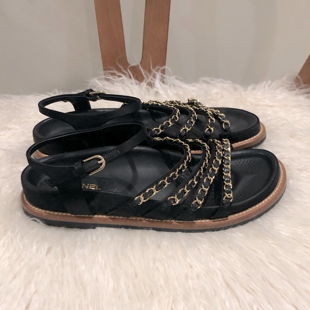 CHANEL Black leather and Satin with Gold Chain Sandals - Picture 6 of 10